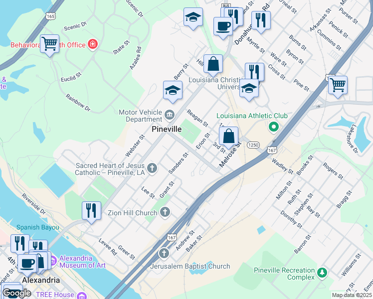 map of restaurants, bars, coffee shops, grocery stores, and more near 242 East Shamrock Street in Pineville