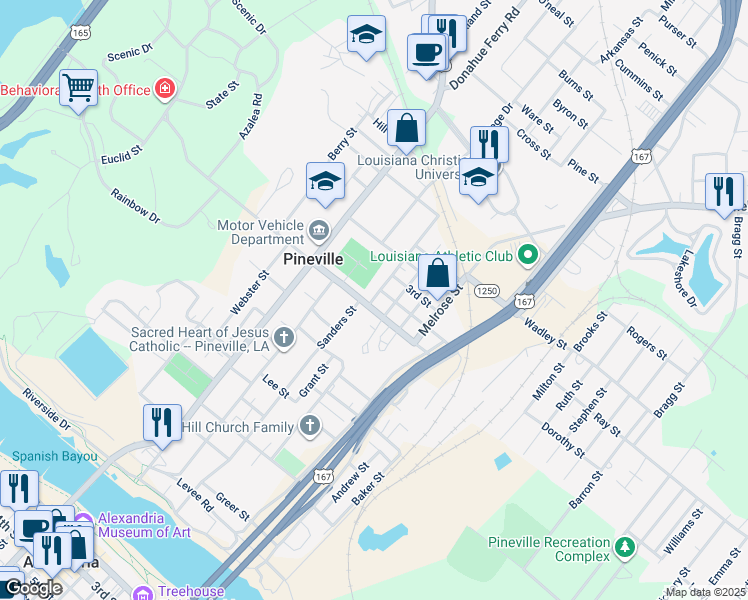 map of restaurants, bars, coffee shops, grocery stores, and more near 817 Erion Street in Pineville