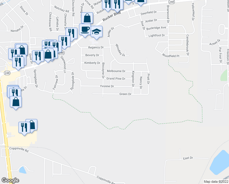 map of restaurants, bars, coffee shops, grocery stores, and more near 609 Green Drive in Enterprise
