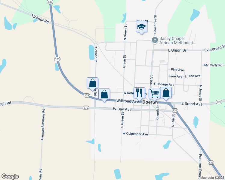 map of restaurants, bars, coffee shops, grocery stores, and more near 231 North Green Street in Doerun