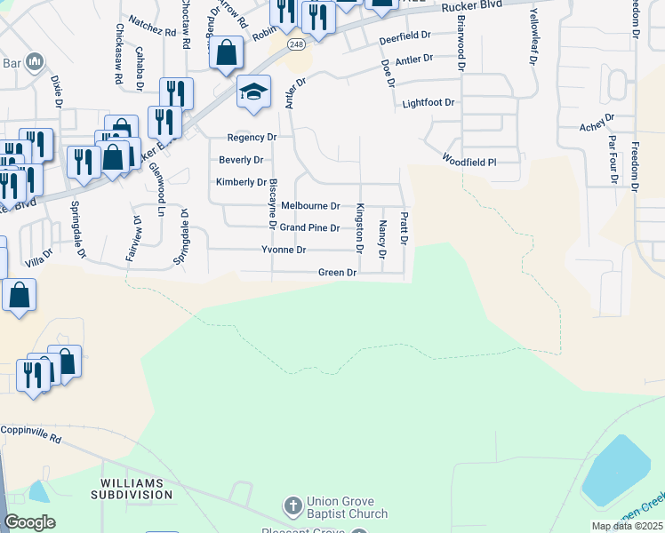 map of restaurants, bars, coffee shops, grocery stores, and more near 617 Green Drive in Enterprise