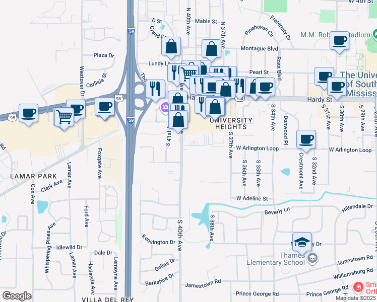 map of restaurants, bars, coffee shops, grocery stores, and more near 300 South 40th Avenue in Hattiesburg