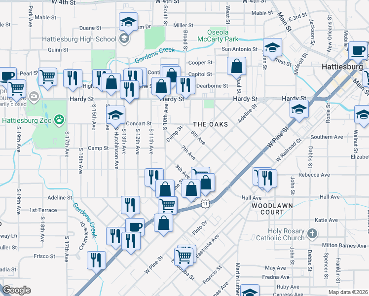 map of restaurants, bars, coffee shops, grocery stores, and more near 413 Mamie Street in Hattiesburg