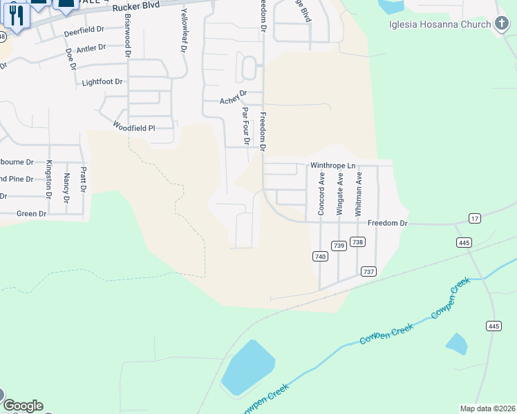 map of restaurants, bars, coffee shops, grocery stores, and more near 206 Wakefield Way in Enterprise