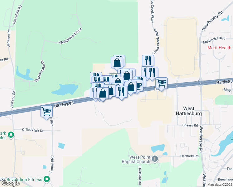 map of restaurants, bars, coffee shops, grocery stores, and more near 6109 U.S. 98 in Hattiesburg