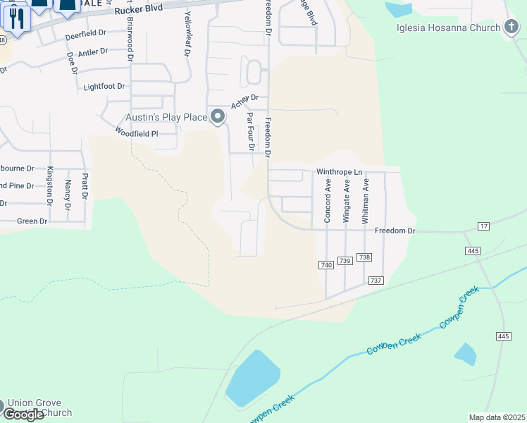 map of restaurants, bars, coffee shops, grocery stores, and more near 206 Wakefield Way in Enterprise