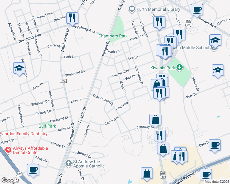 map of restaurants, bars, coffee shops, grocery stores, and more near 511 Dogwood Trail in Lufkin