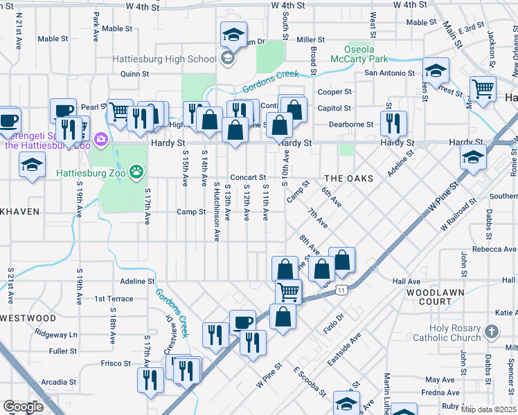 map of restaurants, bars, coffee shops, grocery stores, and more near 217 South 11th Avenue in Hattiesburg