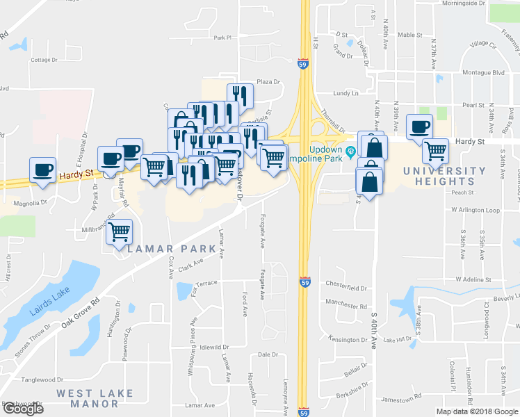map of restaurants, bars, coffee shops, grocery stores, and more near 2006 Oak Grove Road in Hattiesburg