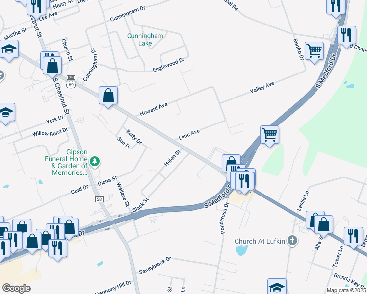 map of restaurants, bars, coffee shops, grocery stores, and more near 1605 East Denman Avenue in Lufkin