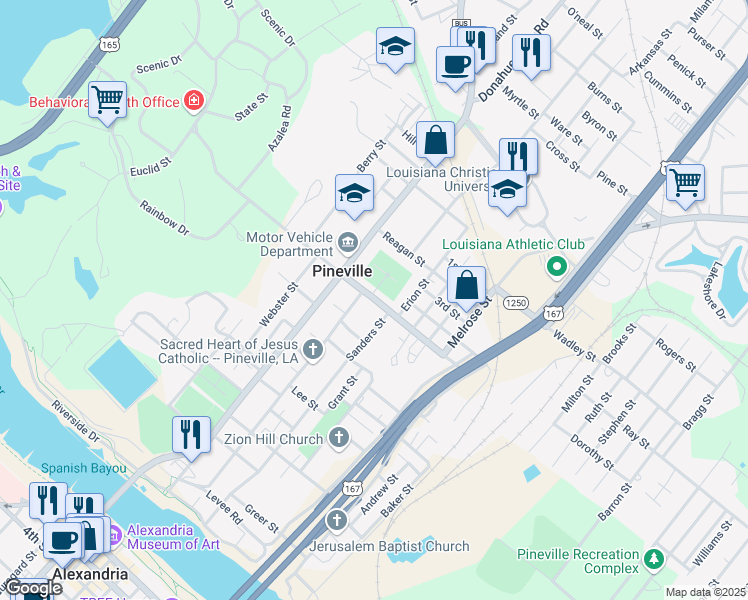 map of restaurants, bars, coffee shops, grocery stores, and more near 242 East Shamrock Street in Pineville