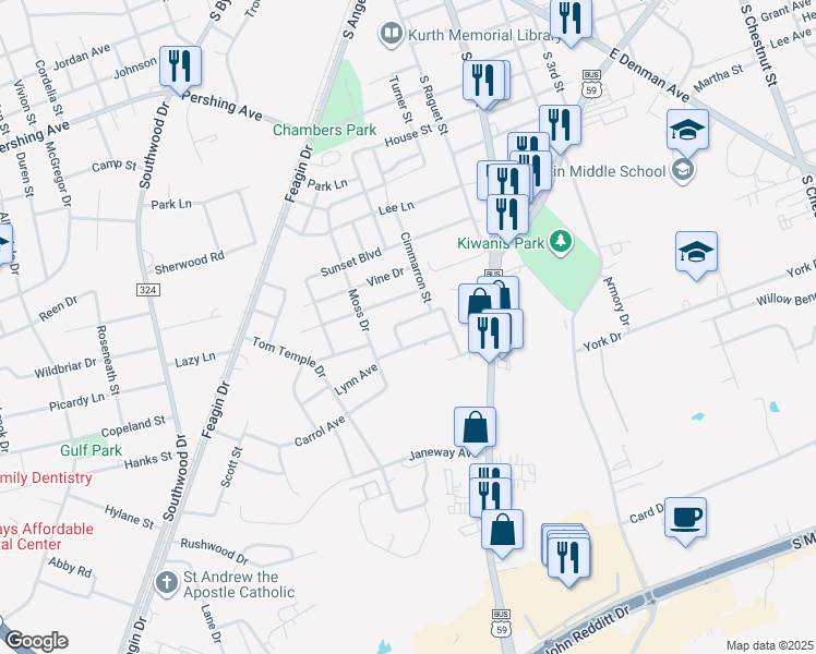 map of restaurants, bars, coffee shops, grocery stores, and more near 415 Arizona Avenue in Lufkin