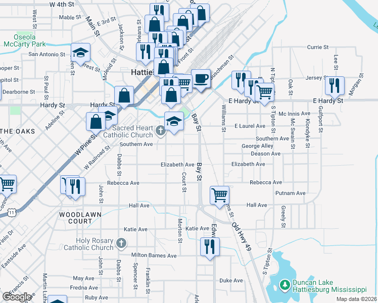 map of restaurants, bars, coffee shops, grocery stores, and more near 404 Court Street in Hattiesburg