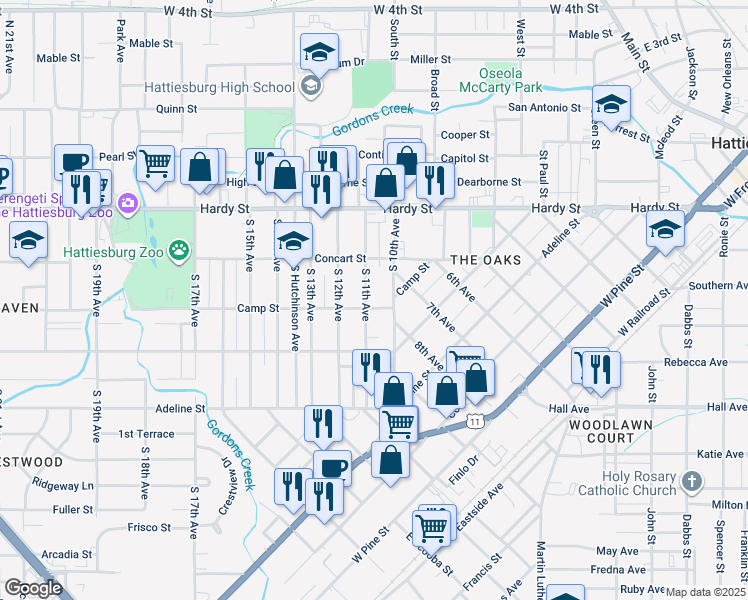 map of restaurants, bars, coffee shops, grocery stores, and more near 217 South 11th Avenue in Hattiesburg