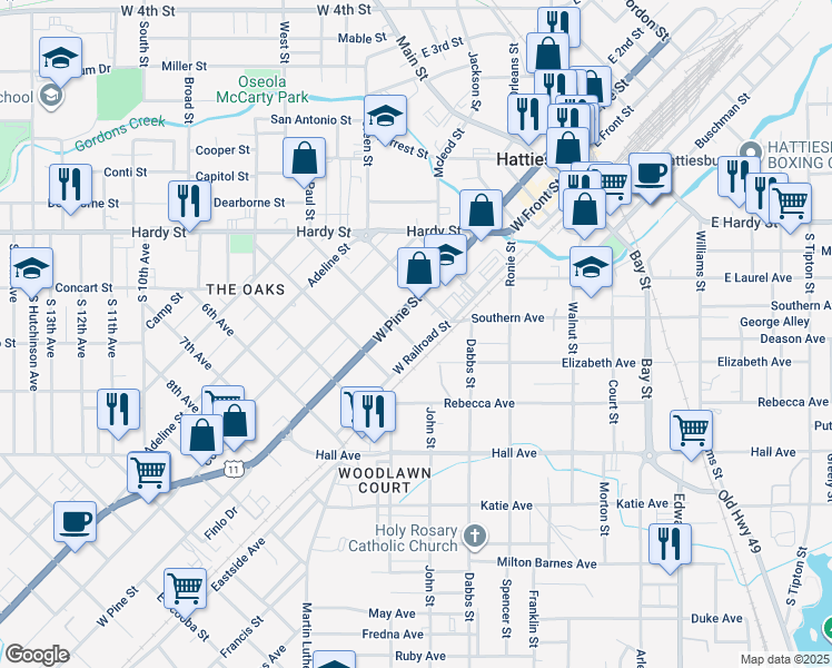 map of restaurants, bars, coffee shops, grocery stores, and more near 107 3rd Avenue in Hattiesburg