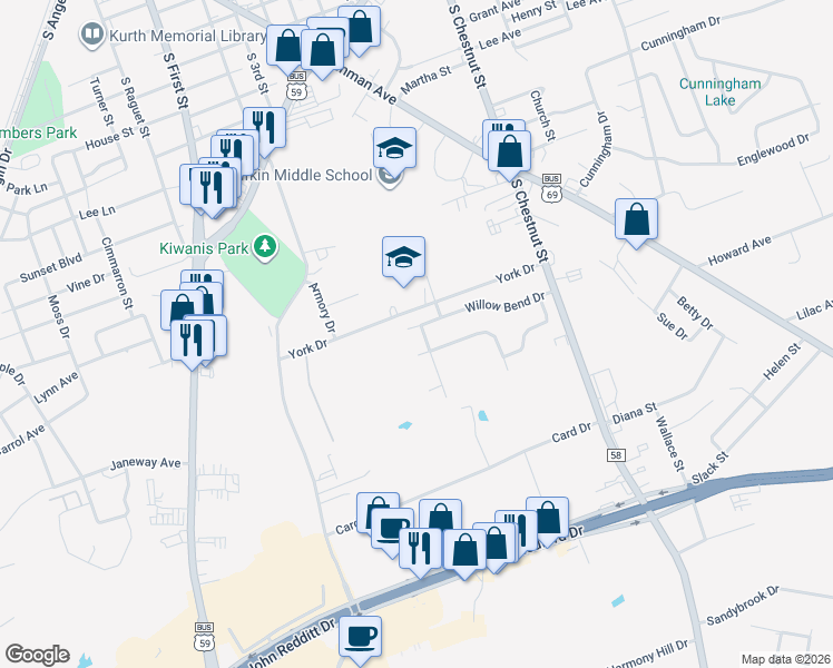 map of restaurants, bars, coffee shops, grocery stores, and more near 504 Willow Bend Drive in Lufkin