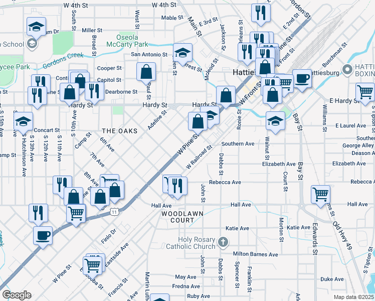 map of restaurants, bars, coffee shops, grocery stores, and more near 705 West Pine Street in Hattiesburg
