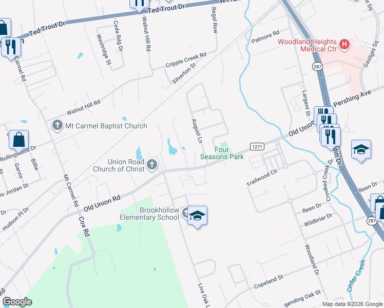 map of restaurants, bars, coffee shops, grocery stores, and more near 3198 Old Union Road in Lufkin