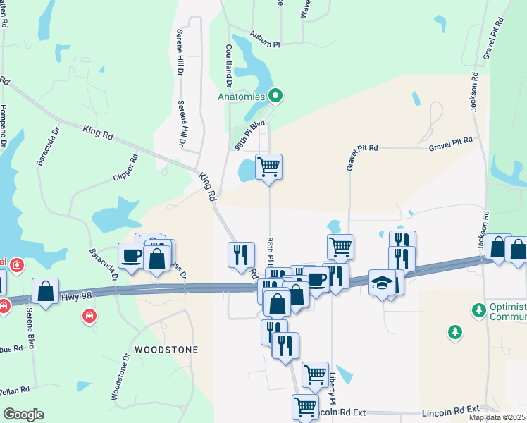 map of restaurants, bars, coffee shops, grocery stores, and more near 49 98th Place Boulevard in Hattiesburg