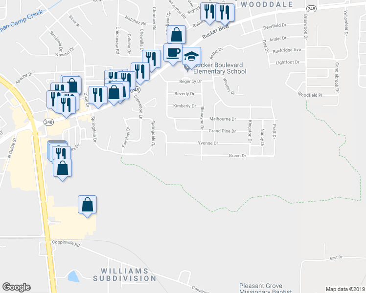 map of restaurants, bars, coffee shops, grocery stores, and more near 106 Yvonne Drive in Enterprise