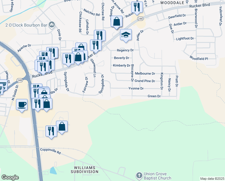 map of restaurants, bars, coffee shops, grocery stores, and more near 100 Yvonne Drive in Enterprise