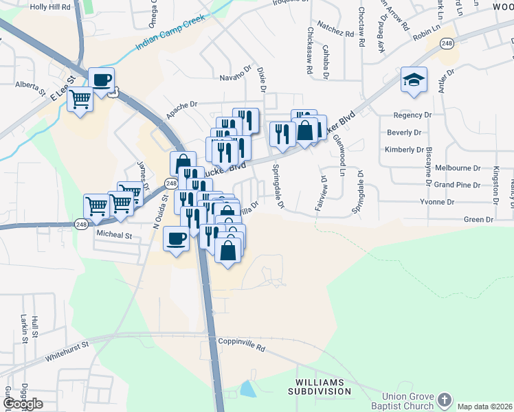 map of restaurants, bars, coffee shops, grocery stores, and more near 83 Villa Drive in Enterprise