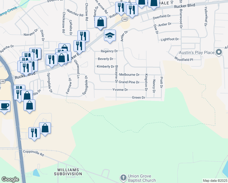map of restaurants, bars, coffee shops, grocery stores, and more near 114 Yvonne Drive in Enterprise