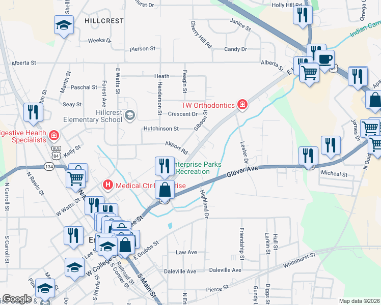 map of restaurants, bars, coffee shops, grocery stores, and more near 525-529 East Lee Street in Enterprise