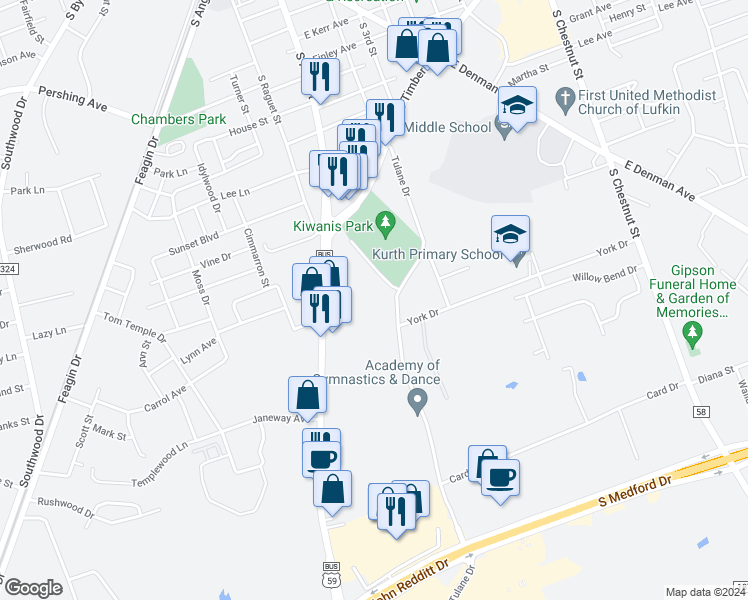 map of restaurants, bars, coffee shops, grocery stores, and more near 1406 Tulane Drive in Lufkin