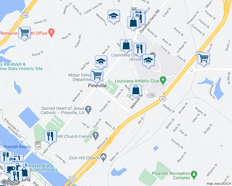 map of restaurants, bars, coffee shops, grocery stores, and more near 815 Erion Street in Pineville