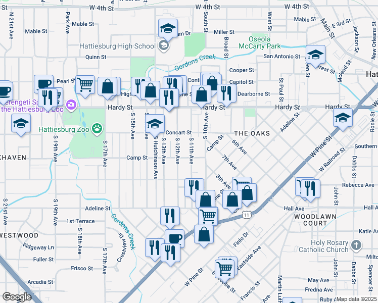 map of restaurants, bars, coffee shops, grocery stores, and more near 217 South 11th Avenue in Hattiesburg