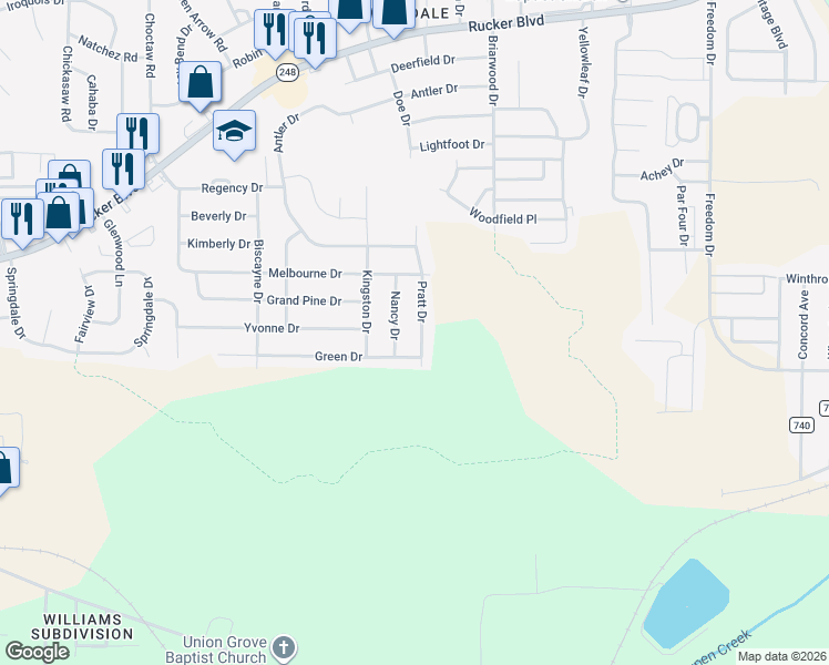 map of restaurants, bars, coffee shops, grocery stores, and more near 112 Pratt Drive in Enterprise