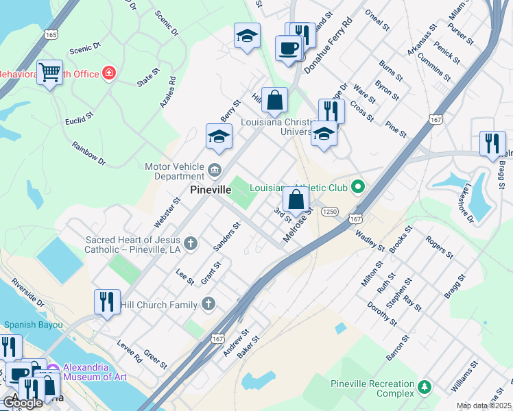map of restaurants, bars, coffee shops, grocery stores, and more near 817 Erion St in Pineville