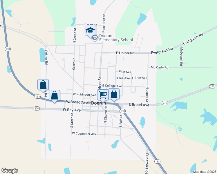 map of restaurants, bars, coffee shops, grocery stores, and more near 207 East College Avenue in Doerun