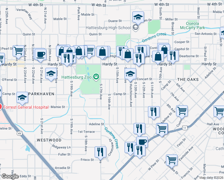 map of restaurants, bars, coffee shops, grocery stores, and more near 216 South 16th Avenue in Hattiesburg