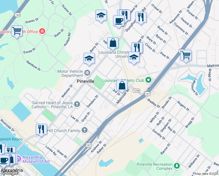 map of restaurants, bars, coffee shops, grocery stores, and more near 817 Erion Street in Pineville