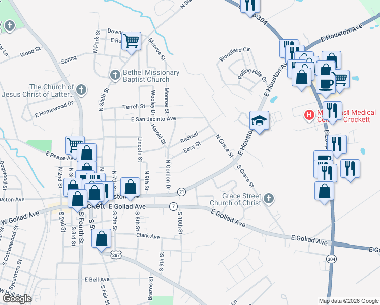 map of restaurants, bars, coffee shops, grocery stores, and more near 1012 Easy Street in Crockett