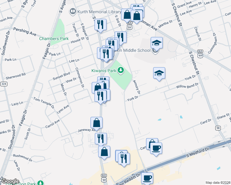 map of restaurants, bars, coffee shops, grocery stores, and more near 1406 Tulane Drive in Lufkin