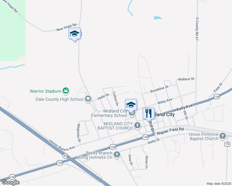 map of restaurants, bars, coffee shops, grocery stores, and more near 140 Cotton Drive in Midland City