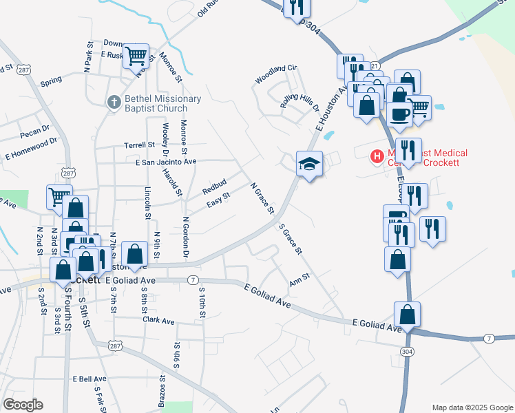 map of restaurants, bars, coffee shops, grocery stores, and more near 107 North Grace Street in Crockett