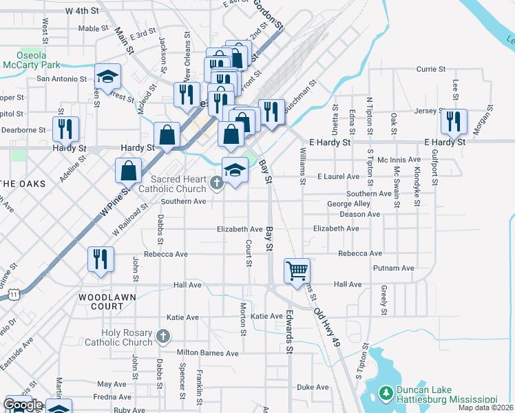 map of restaurants, bars, coffee shops, grocery stores, and more near 404 Court St in Hattiesburg