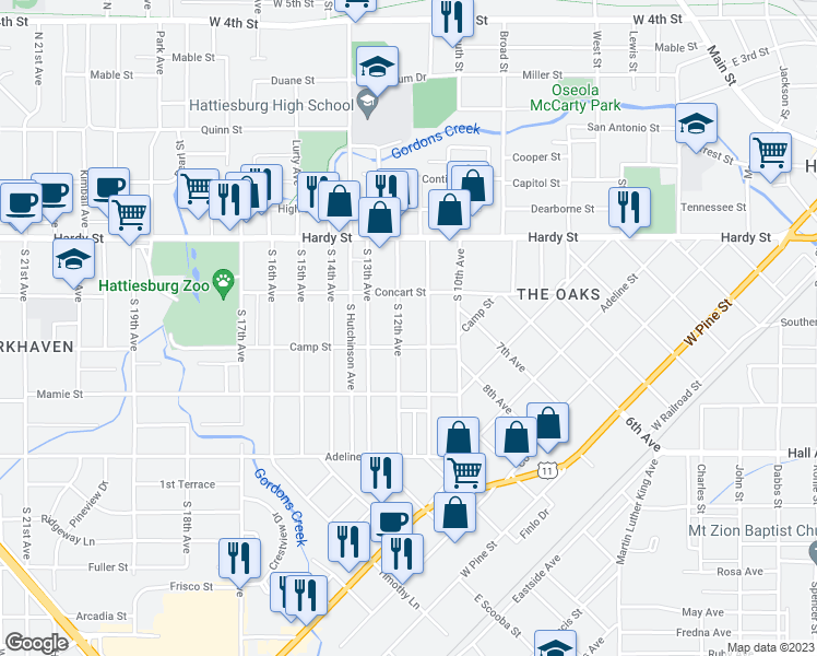 map of restaurants, bars, coffee shops, grocery stores, and more near 218 South 12th Avenue in Hattiesburg
