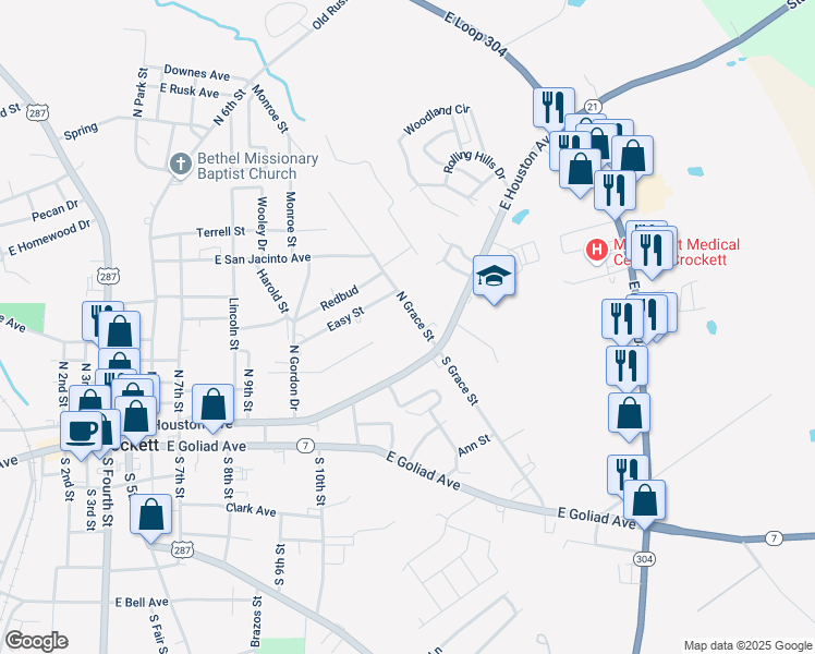 map of restaurants, bars, coffee shops, grocery stores, and more near 107 North Grace Street in Crockett