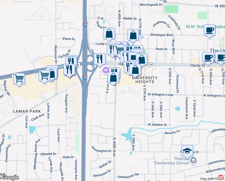 map of restaurants, bars, coffee shops, grocery stores, and more near 219 South 40th Avenue in Hattiesburg