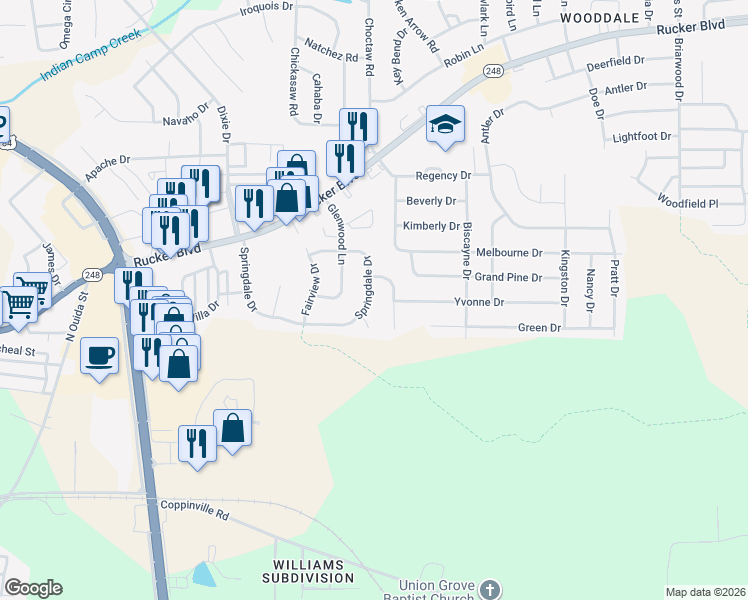 map of restaurants, bars, coffee shops, grocery stores, and more near 504 Springdale Drive in Enterprise