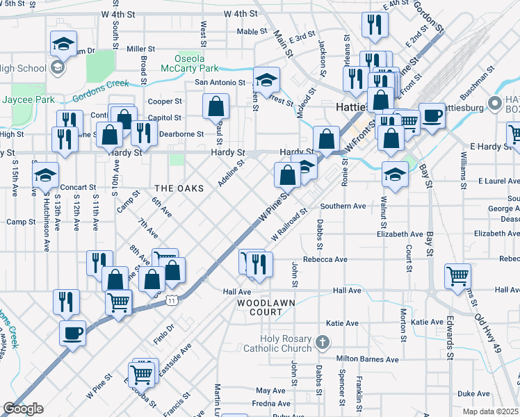 map of restaurants, bars, coffee shops, grocery stores, and more near 705 West Pine Street in Hattiesburg