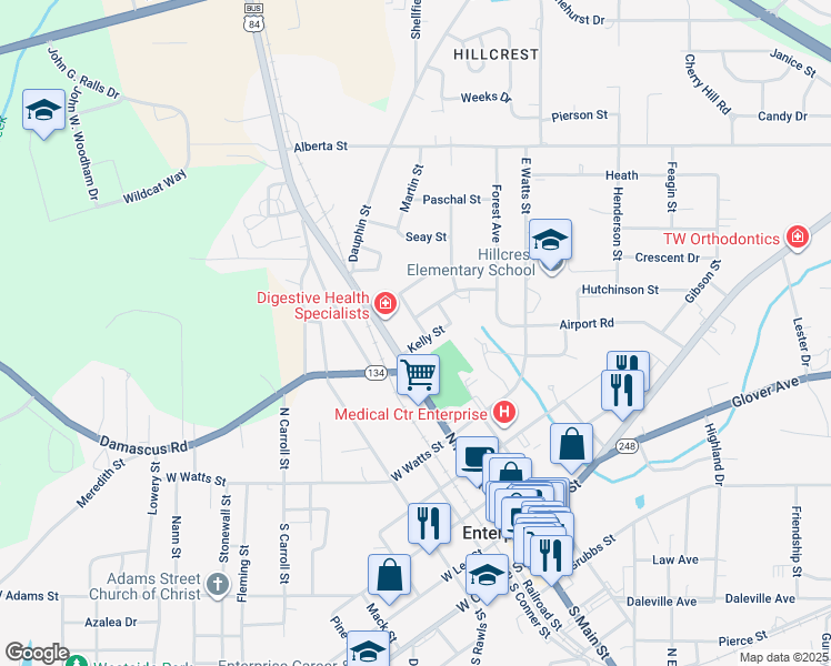 map of restaurants, bars, coffee shops, grocery stores, and more near 103 Gilbert Street in Enterprise