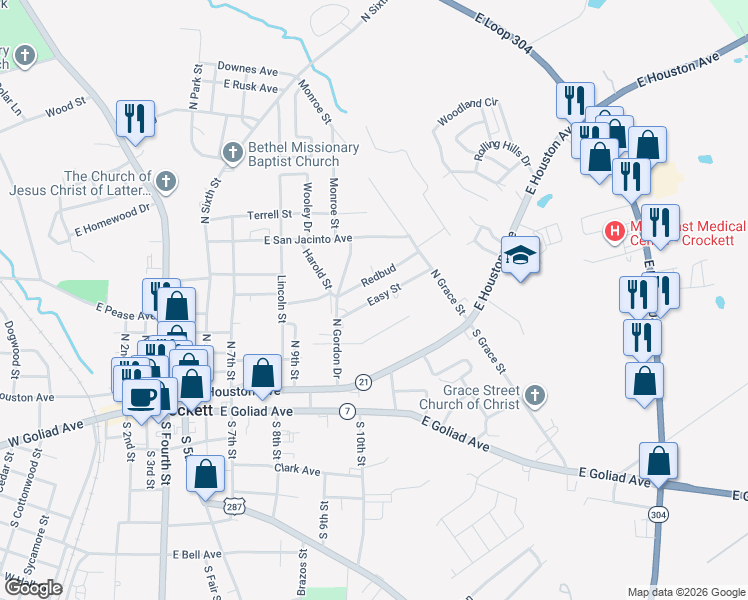 map of restaurants, bars, coffee shops, grocery stores, and more near 1012 Easy St in Crockett