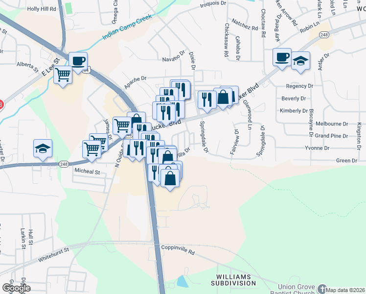map of restaurants, bars, coffee shops, grocery stores, and more near 83 Villa Drive in Enterprise