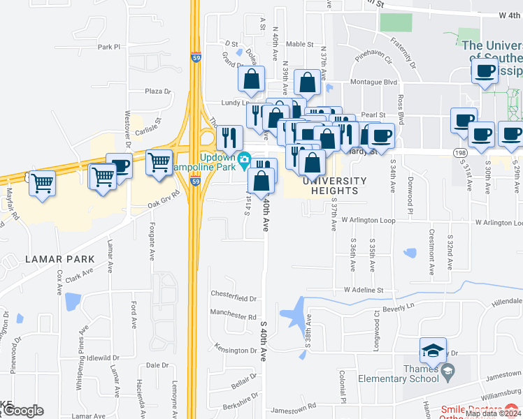 map of restaurants, bars, coffee shops, grocery stores, and more near 300 S 40th St in Hattiesburg